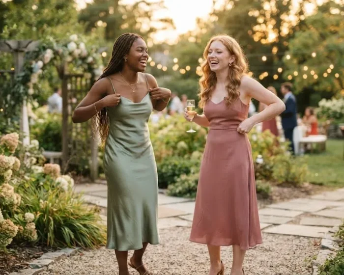 Two young American women in wedding guest outfits laughing together at a garden wedding venue