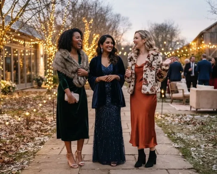 Wedding outfit ideas for women in winter, elegant guest looks
