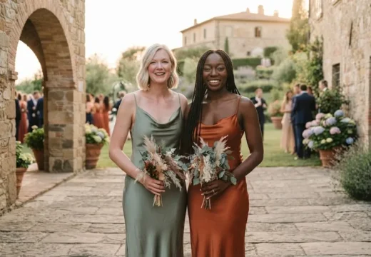 Group of bridesmaids in varied wedding outfits standing together in a stone courtyard