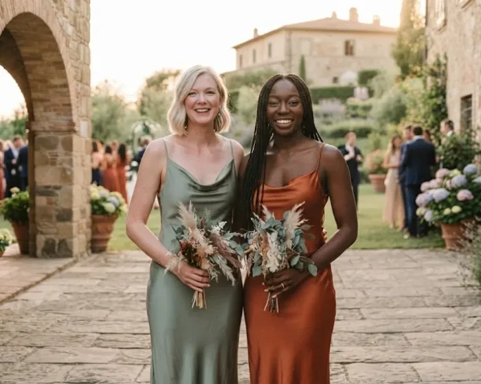 Group of bridesmaids in varied wedding outfits standing together in a stone courtyard