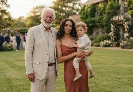 Multigenerational family standing together outdoors in coordinated wedding outfits