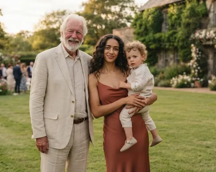 Multigenerational family standing together outdoors in coordinated wedding outfits