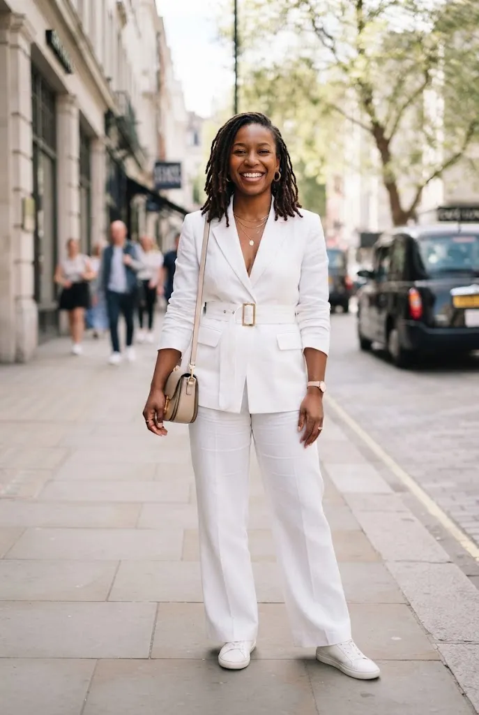 Black woman in white belted waist pantsuit on a city sidewalk
