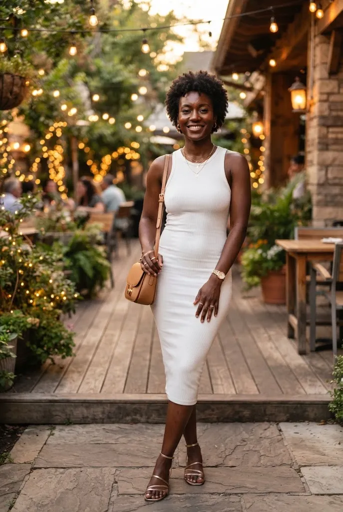 Woman in white bodycon dress with gold jewelry at outdoor birthday dinner