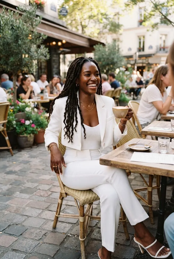 Black woman in white bodysuit and trouser combo at an outdoor cafe