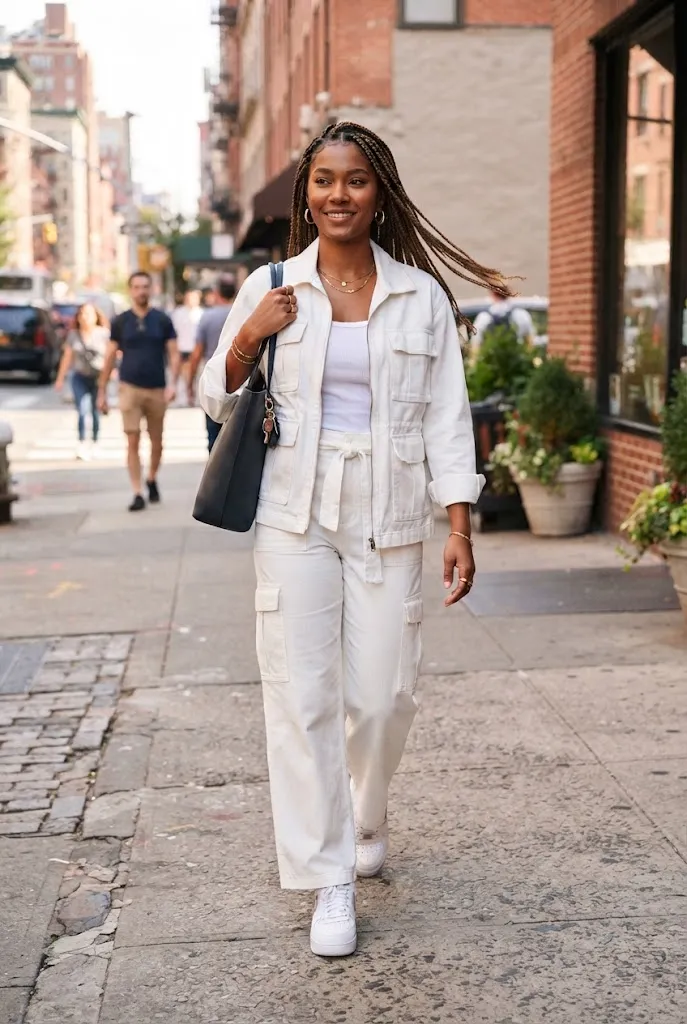Black woman in white cargo pocket pantsuit and sneakers on a street