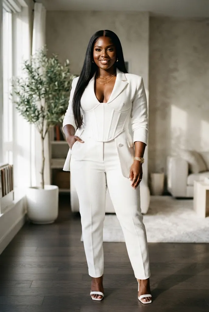 Curvy Black woman in white corset blazer pantsuit indoors