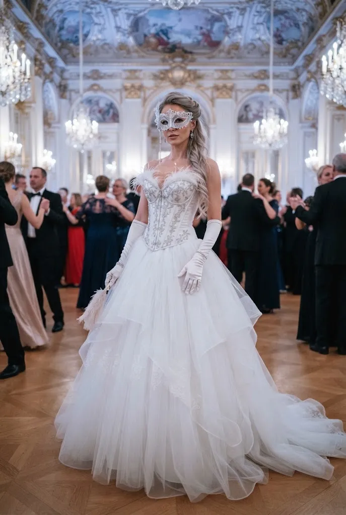 Blonde American woman wearing a white corset tulle dress with a silver masquerade mask.