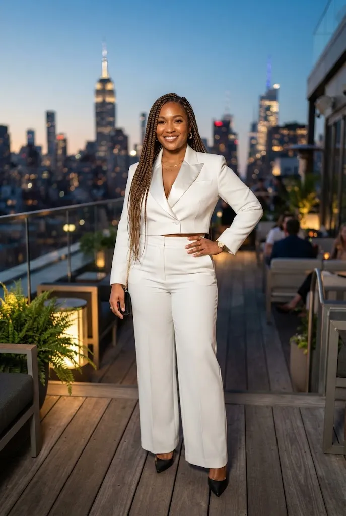 Curvy Black woman in white cropped tuxedo blazer suit on a rooftop at dusk