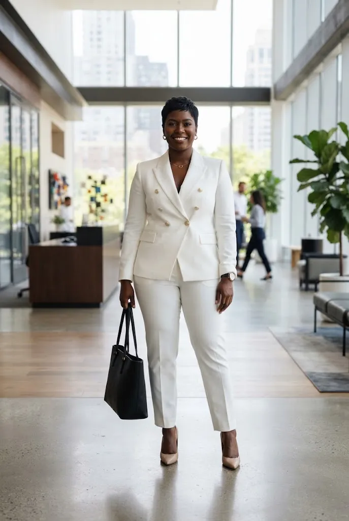 Plus size Black woman in white double breasted power suit in an office lobby