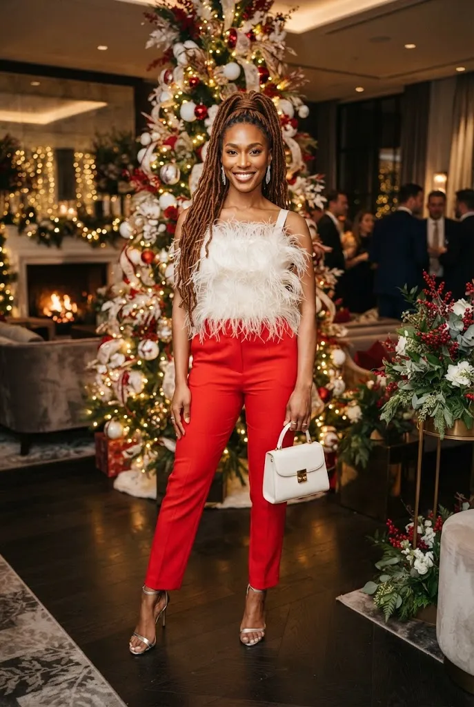 Black woman wearing white feather top and red trousers at Christmas