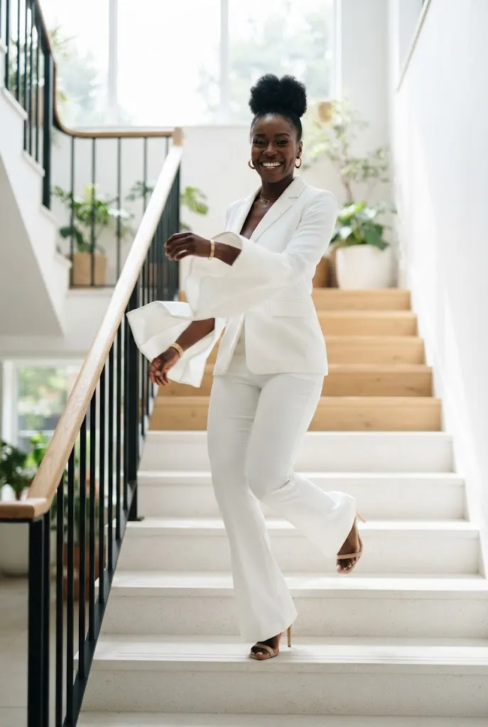 Black woman in white flared sleeve pantsuit walking down stairs