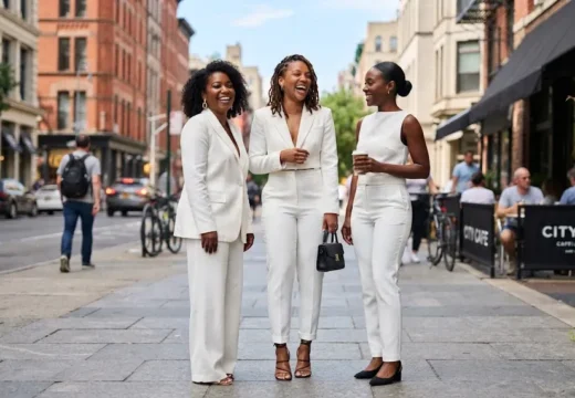 Group of Black women wearing different styles of white pantsuits outdoors