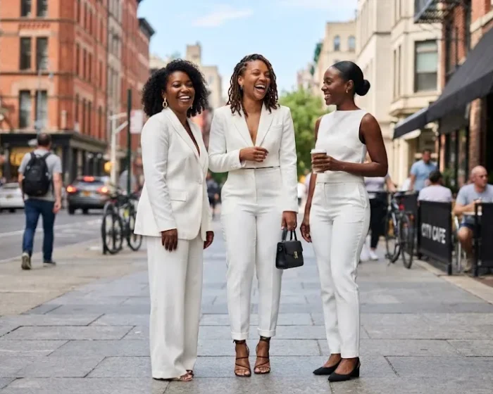 Group of Black women wearing different styles of white pantsuits outdoors