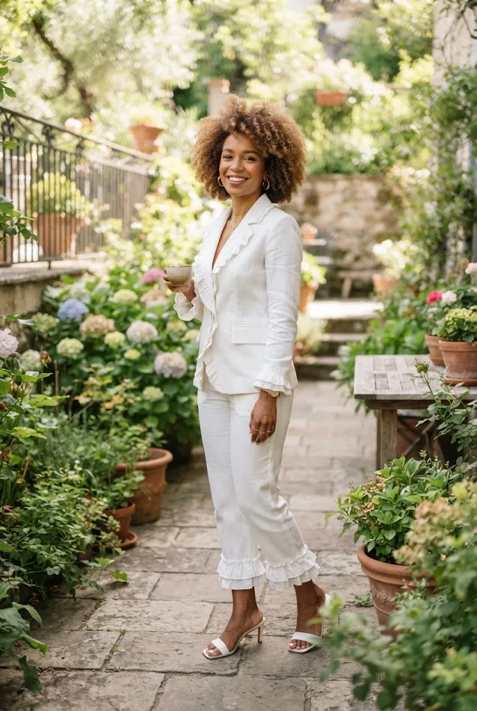 Petite Black woman in white ruffle trim pantsuit on a garden terrace