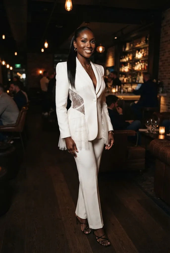 Black woman in white sheer panel statement pantsuit in a lounge