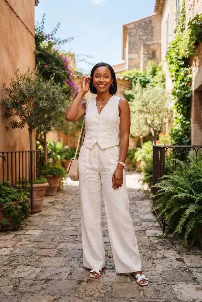 Black woman in white vest and trouser set in a sunlit courtyard
