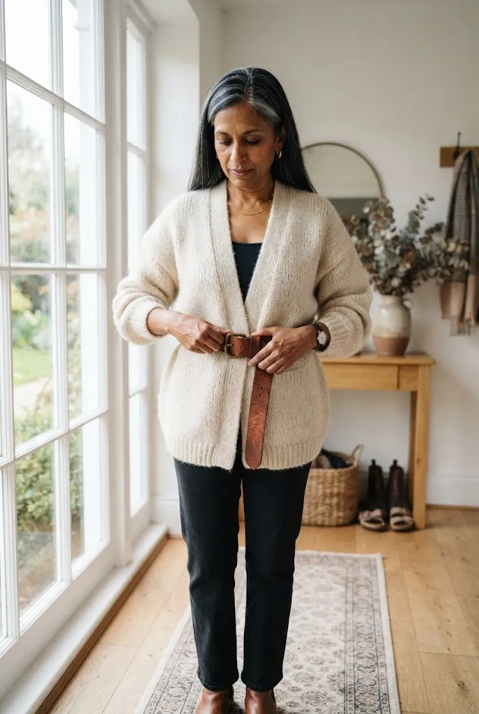 Woman over 50 wearing a wide belt to shape an oversized cardigan