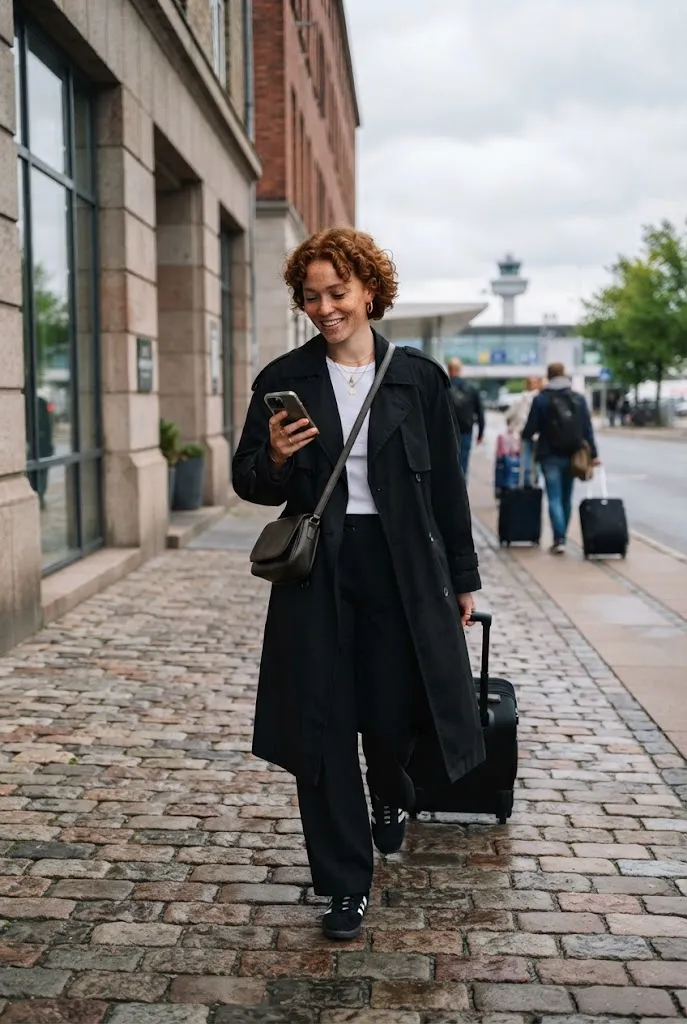 Wide black trousers and trench coat outfit idea for long flights