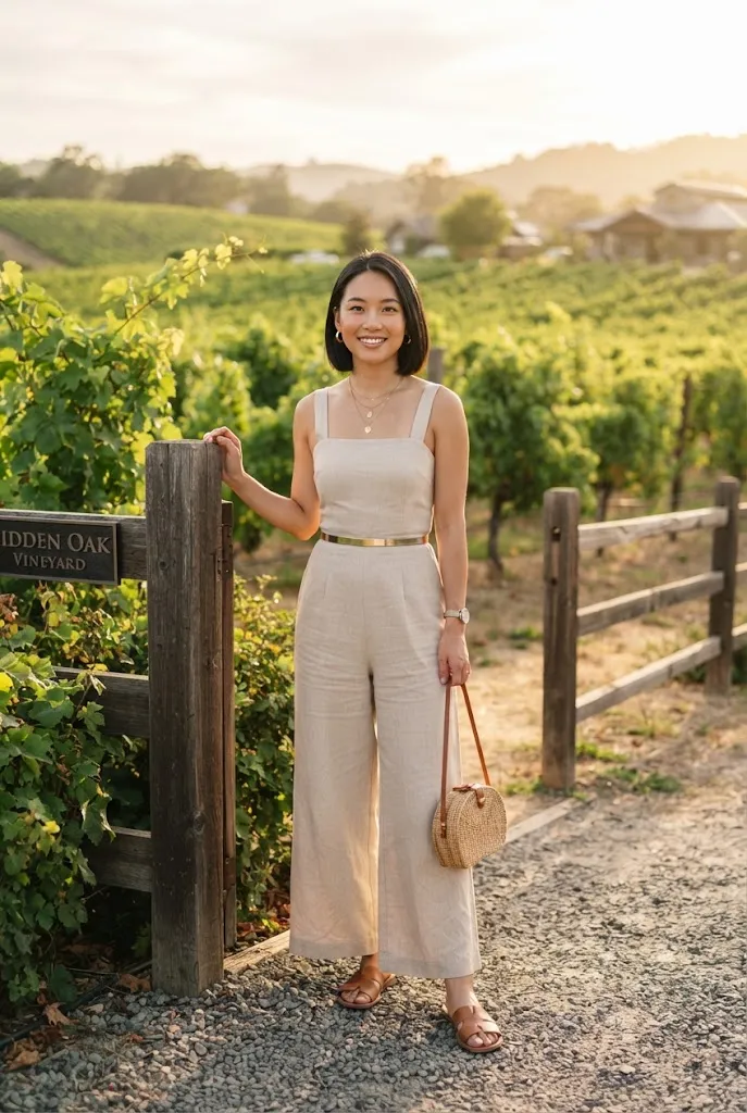 Young Asian American woman wearing a beige wide leg jumpsuit at a vineyard wedding