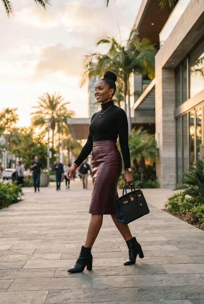 Black woman in a wine leather skirt and turtleneck walking outside a building