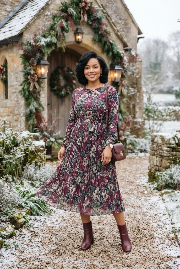 32-year-old woman in winter floral dress and burgundy boots for Christmas church