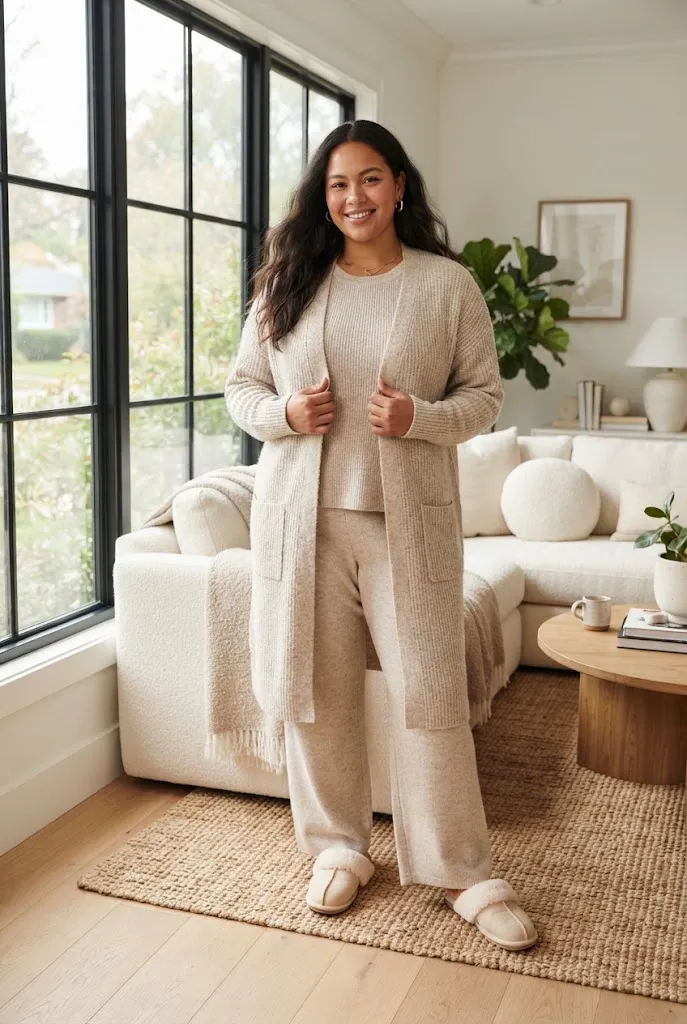 Plus size woman wearing a matching winter lounge set with a long cardigan