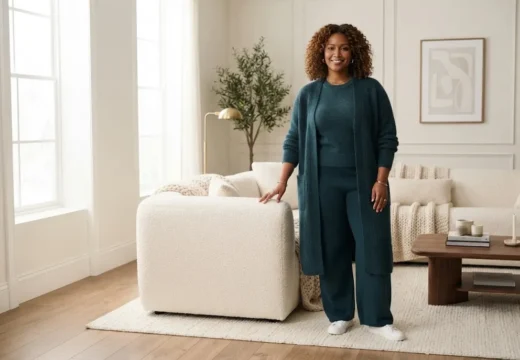 Plus size woman wearing deep teal winter loungewear in a luxury living room