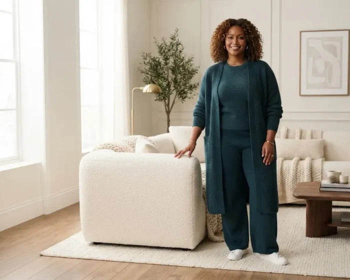 Plus size woman wearing deep teal winter loungewear in a luxury living room
