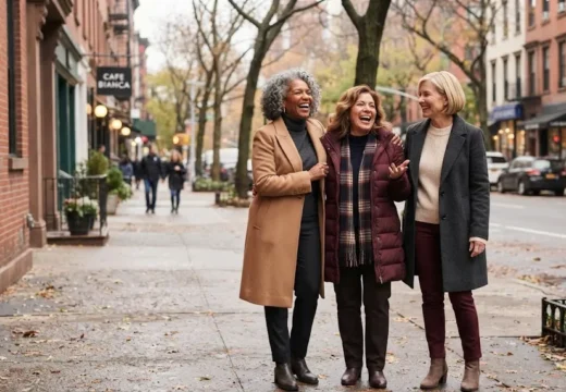 Diverse group of women over 50 wearing modern winter outfits together