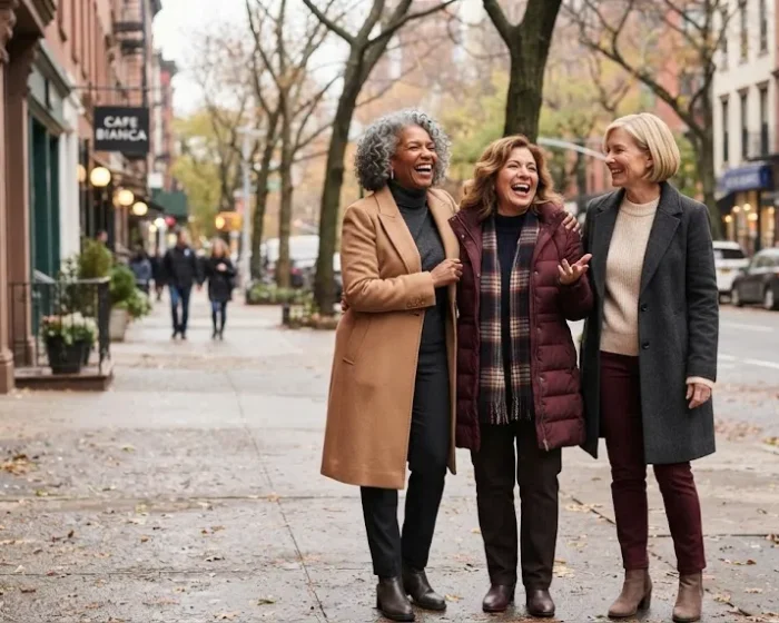 Diverse group of women over 50 wearing modern winter outfits together