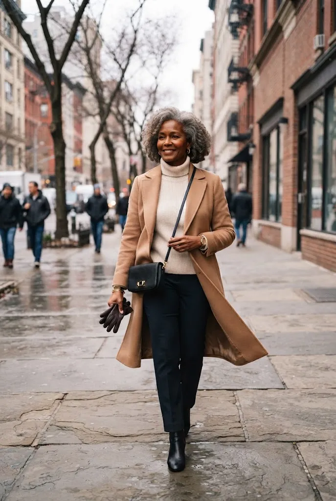 Black woman over 50 wearing a camel wool coat, winter outfits for women over 50