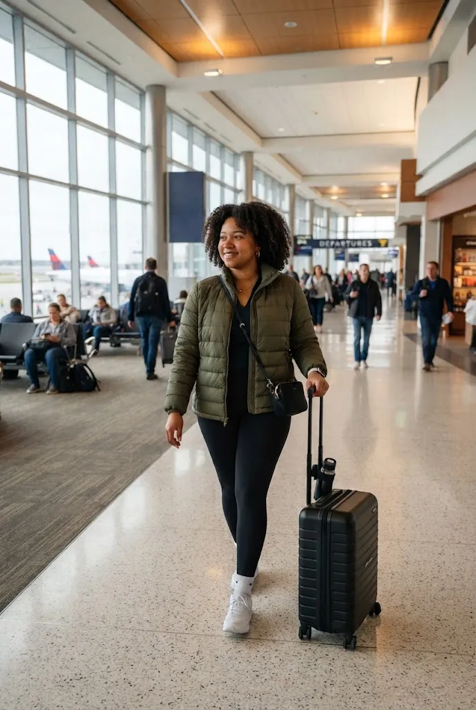 American woman in olive quilted jacket and leggings pulling a suitcase through an airport terminal