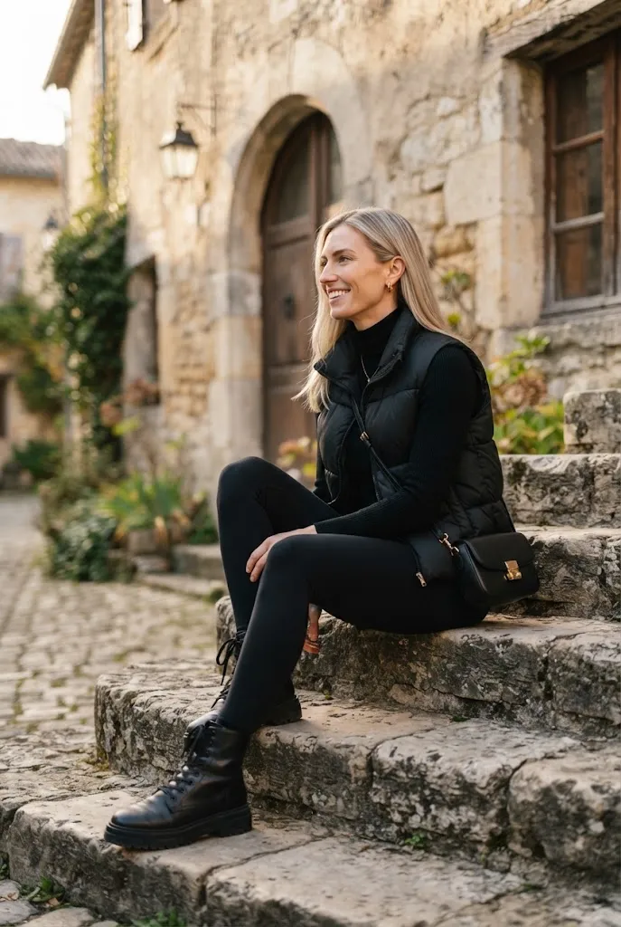 American woman in an all black puffer vest and boots outfit sitting on stone steps