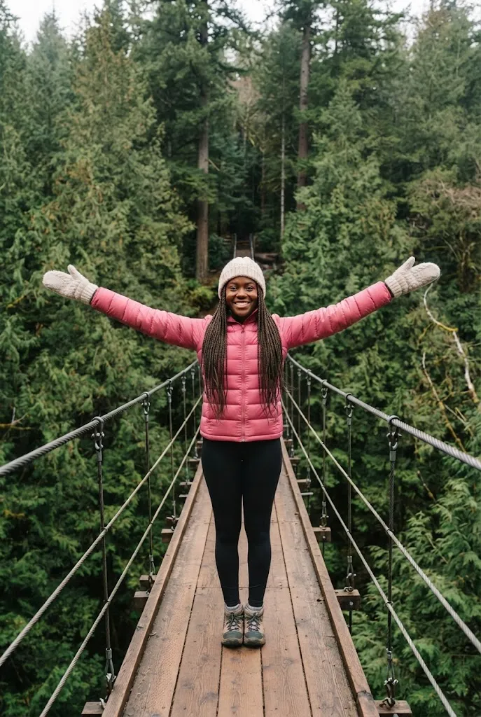 American woman in a bright pink puffer jacket standing on a wooden forest suspension bridge