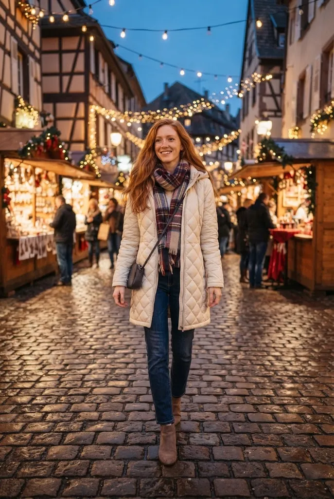 American woman in a cream quilted coat and plaid scarf walking through a lit up Christmas market