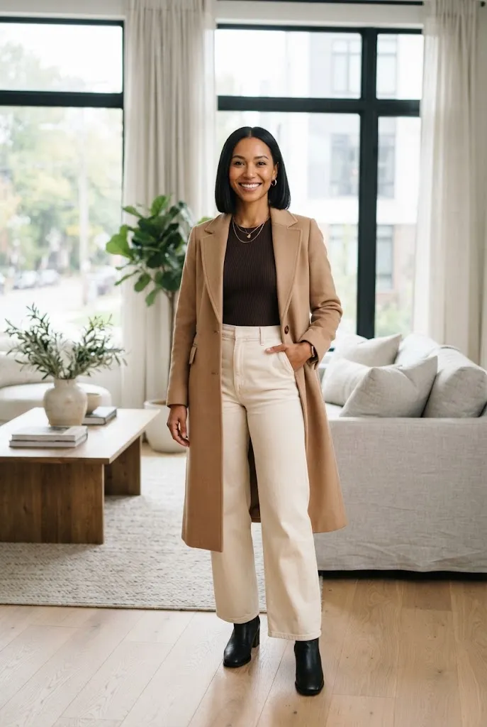 American woman in a long camel coat and wide leg trousers standing in a bright living room