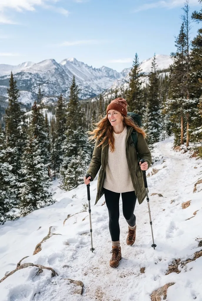 American woman in an olive parka and hiking boots walking a snowy mountain trail