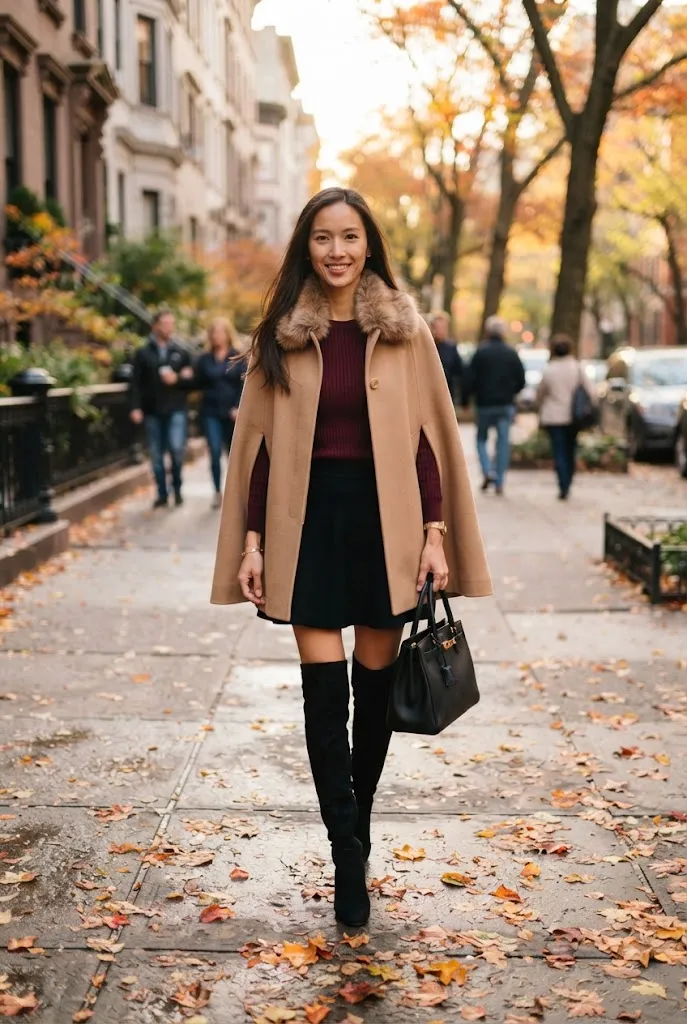 American woman in a fur trimmed cape and over the knee boots walking down a city sidewalk