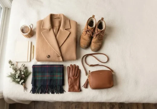 Flat lay of winter travel outfit essentials including a camel coat, boots, scarf, and gloves