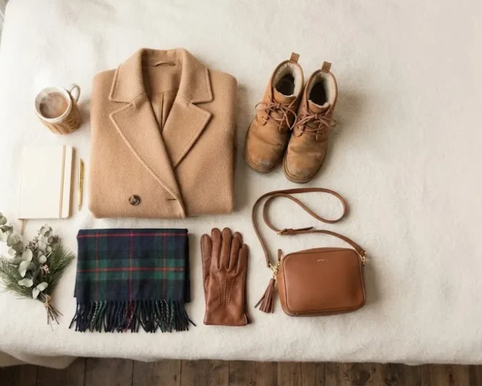 Flat lay of winter travel outfit essentials including a camel coat, boots, scarf, and gloves