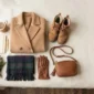 Flat lay of winter travel outfit essentials including a camel coat, boots, scarf, and gloves