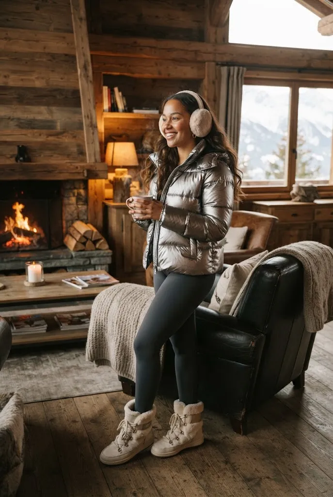 American woman in a metallic silver puffer jacket and shearling boots inside a wooden ski chalet