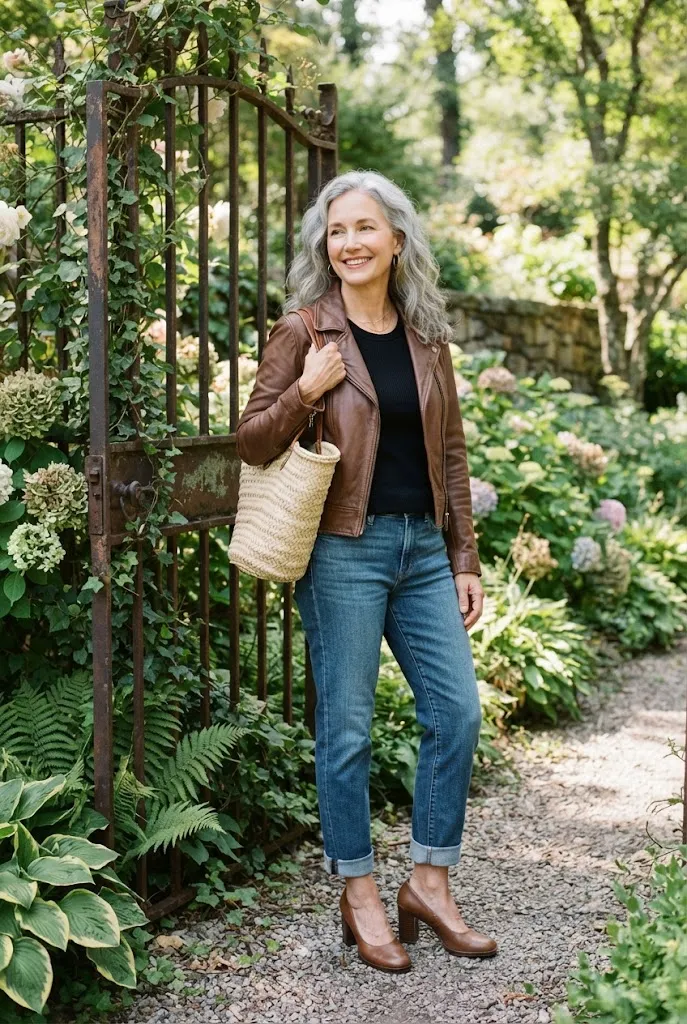 American woman in a brown leather jacket and jeans standing near a garden gate
