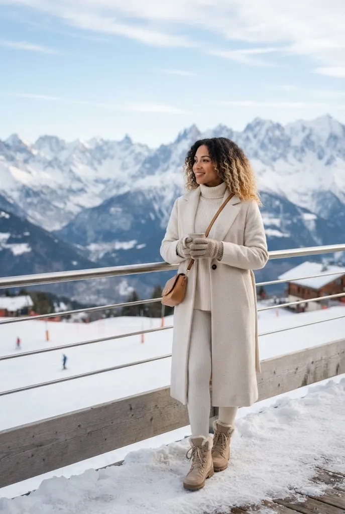 American woman in a matching cream coat and outfit standing on a snowy mountain terrace