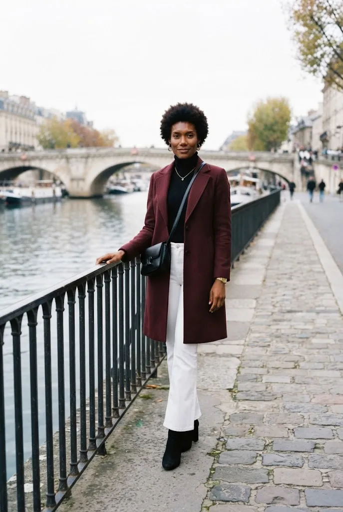 American woman in a burgundy wool coat and white trousers standing by a riverside railing
