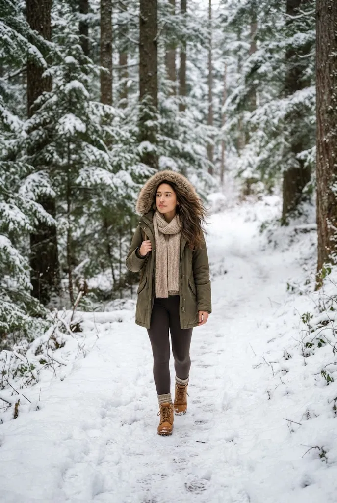 American woman in a green faux fur hood parka walking a snowy pine forest trail