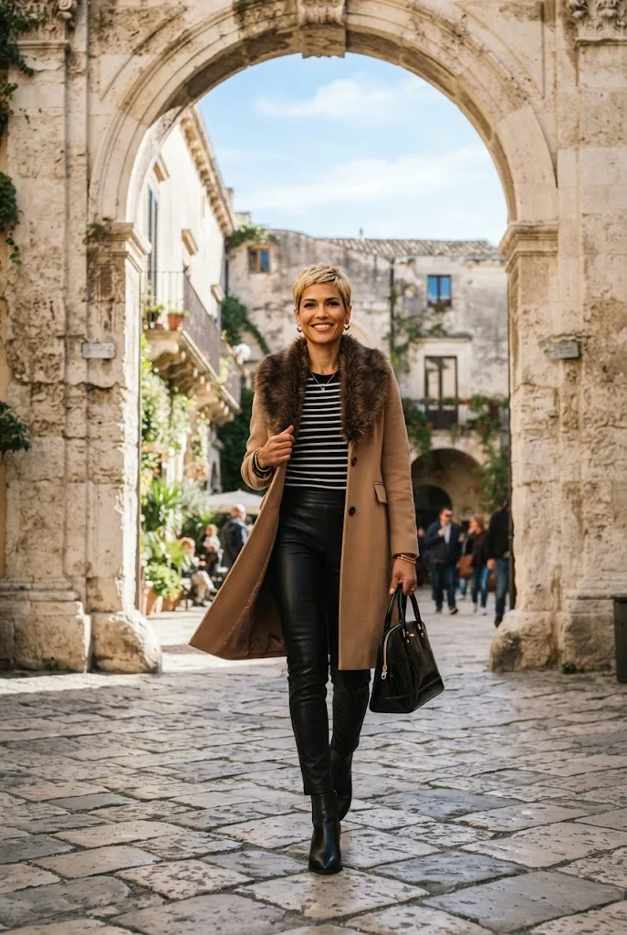 American woman in a fur trim camel coat and leather pants walking through a stone archway