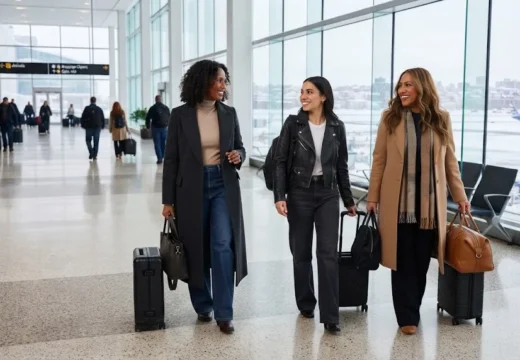 American women over 30 wearing varied winter travel outfits with coats, denim, leggings, scarves, and luggage.