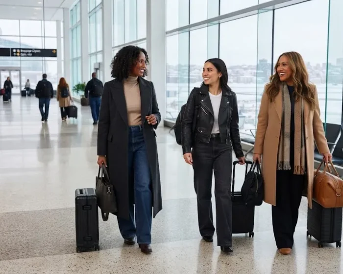 American women over 30 wearing varied winter travel outfits with coats, denim, leggings, scarves, and luggage.